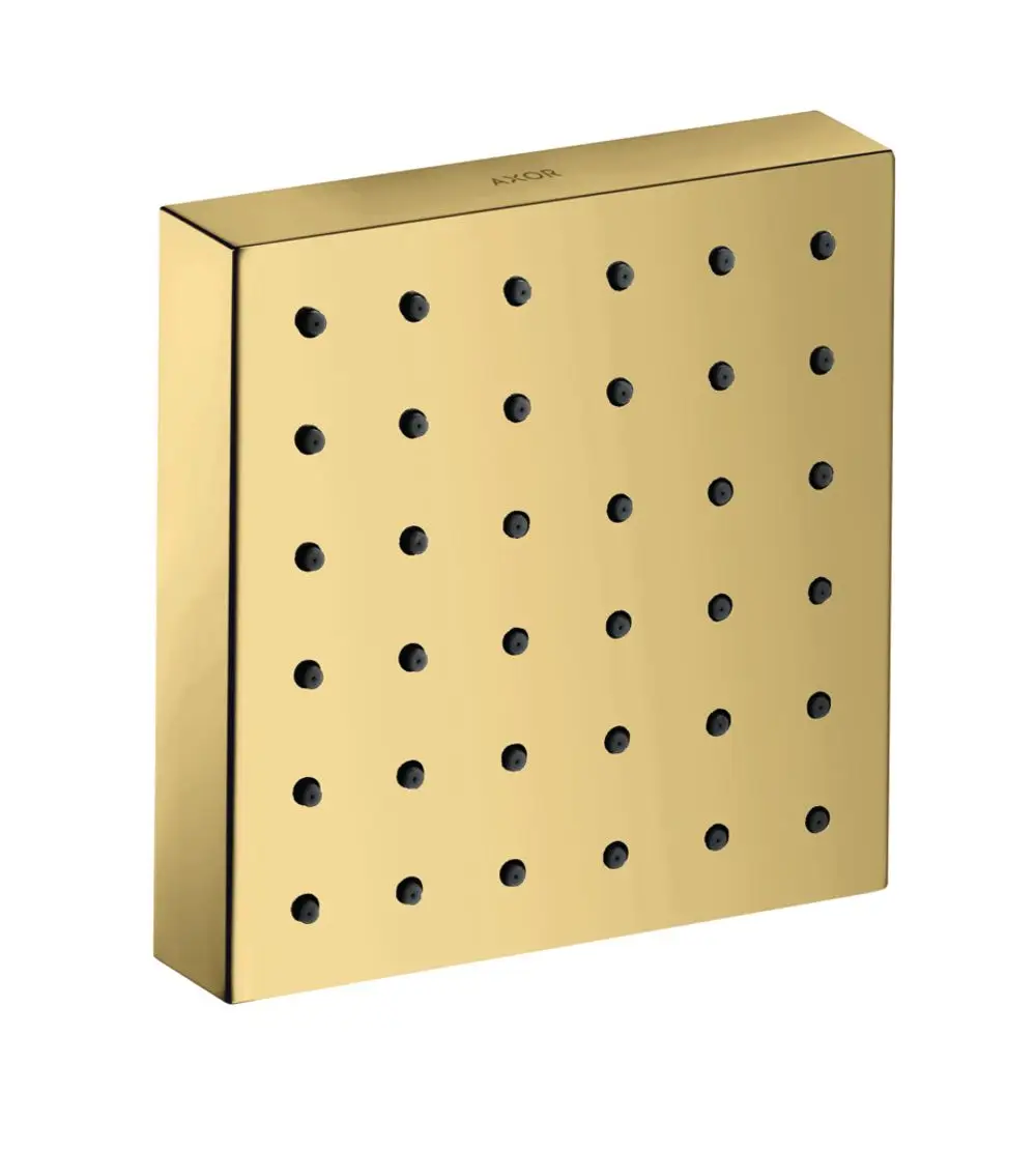 Eckiges Duschpaneel in glänzendem Gold mit schwarzen Düsen, hergestellt von AXOR. Geeignet für die Unterputzmontage in Badezimmern.